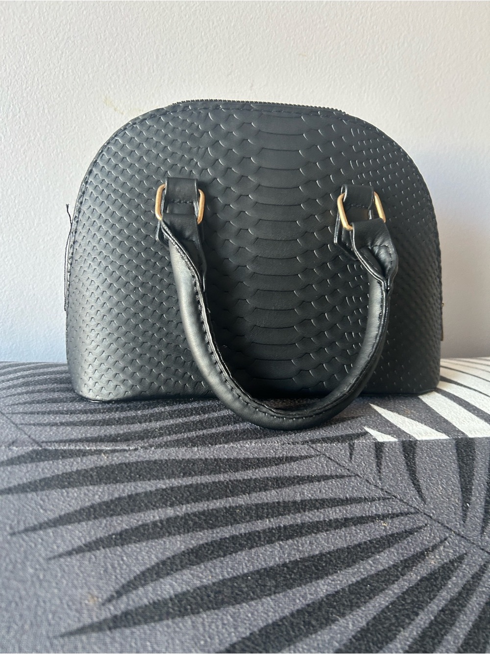 Black Textured Dome Satchel Handbag